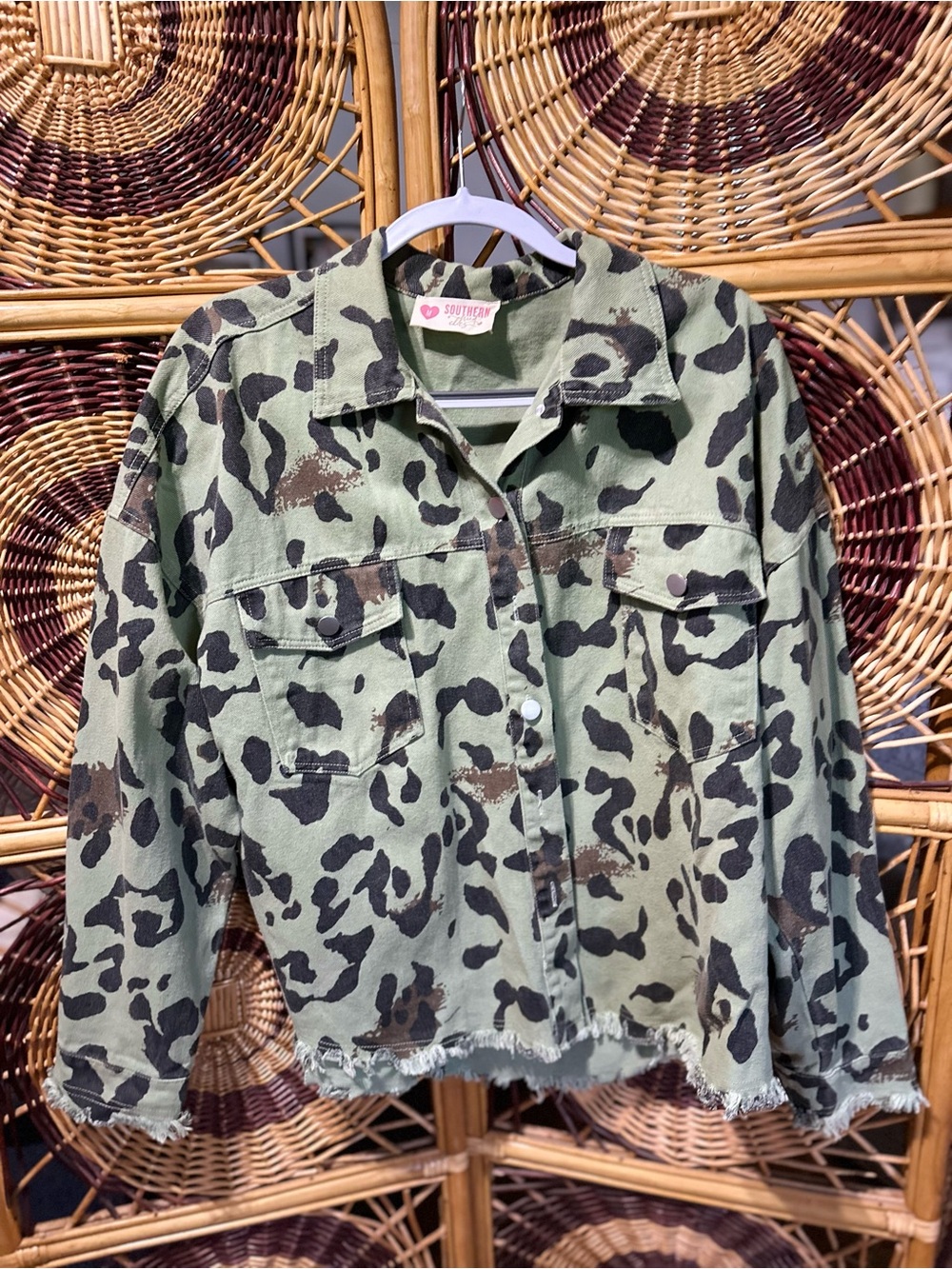 SOUTHERN CHARM Olive Leopard Print Denim Jacket